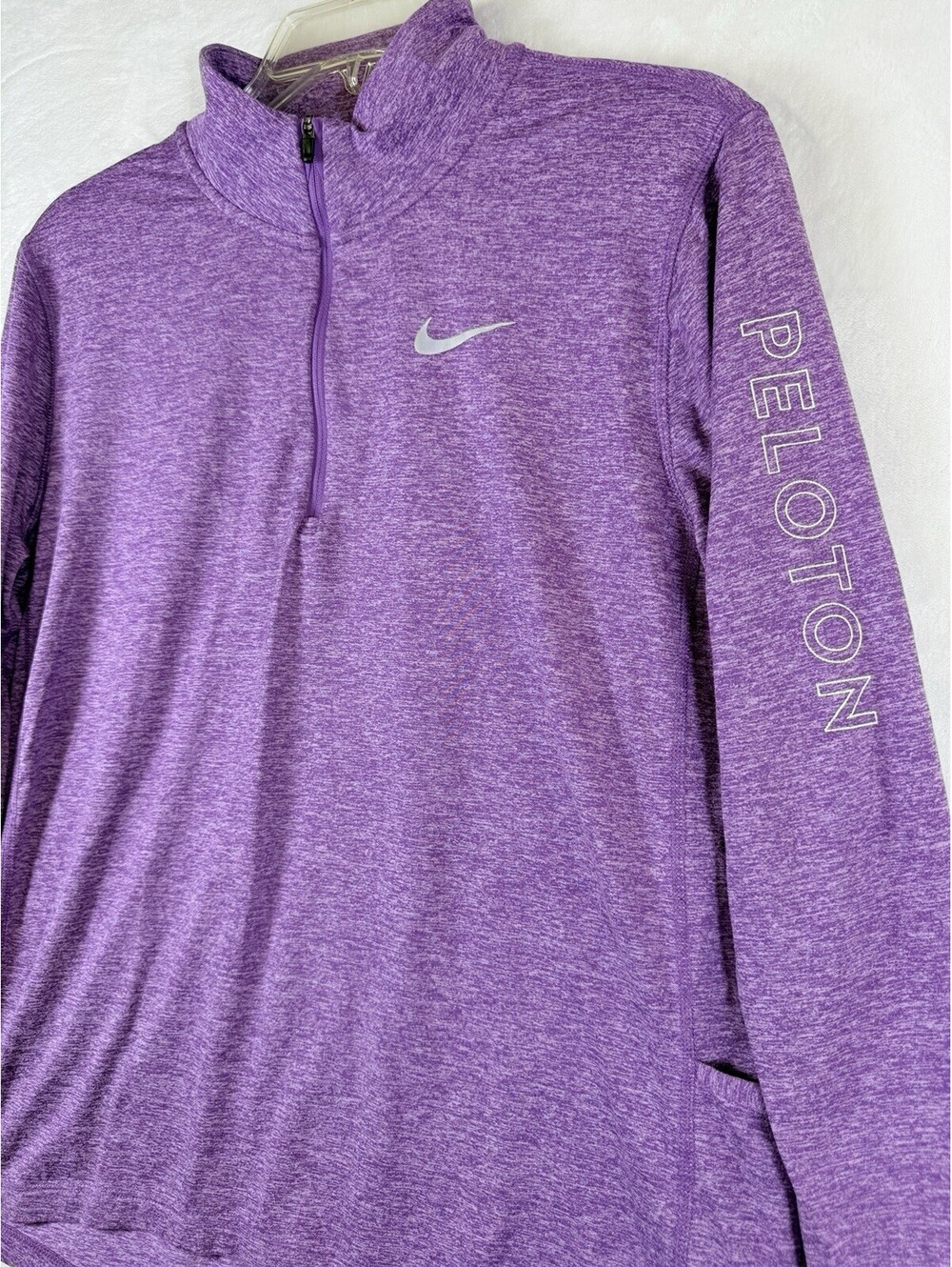 Nike X Peloton 1/2 Zip Running Top Large Purple Dri Fit Pocket Thumb Holes